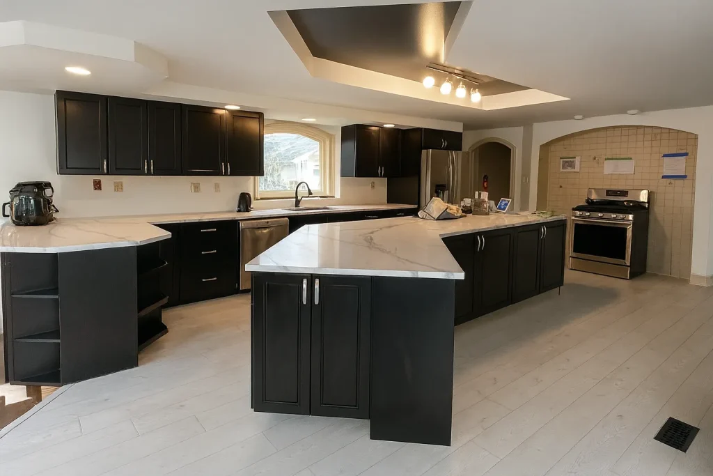 a kitchen with black cabinets and white counter tops