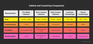 How Much Should You Budget for a Small Kitchen Remodel? Table comparing cost, customization, durability, and visual appeal of cabinet and countertop options