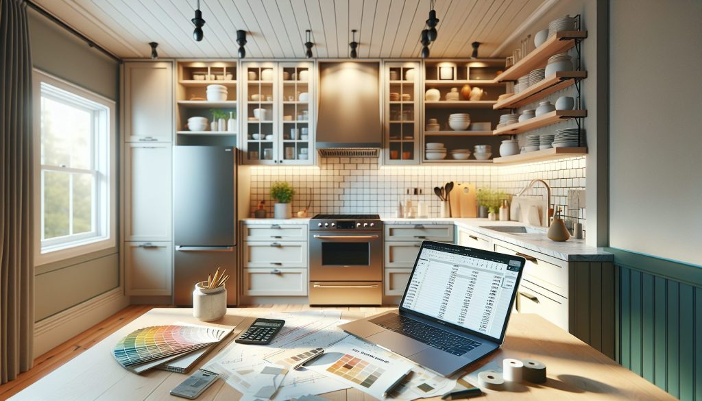 Modern kitchen with laptop, color swatches, and remodel budget spreadsheet