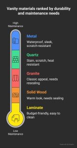 What Is the Most Durable Material for a Bathroom Vanity Makeover? Bathroom vanity materials ranked by durability and maintenance including metal, quartz, granite, solid wood, and laminate