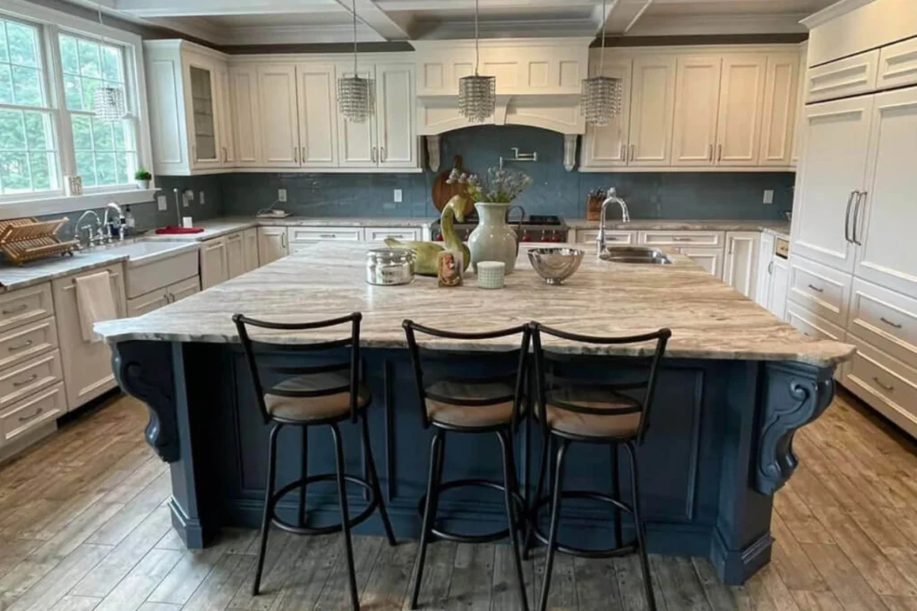 Elegant Kitchen Remodeling in Pitman NJ featuring a large marble island with dark blue base, white cabinetry, pendant lighting, and rustic wood flooring.