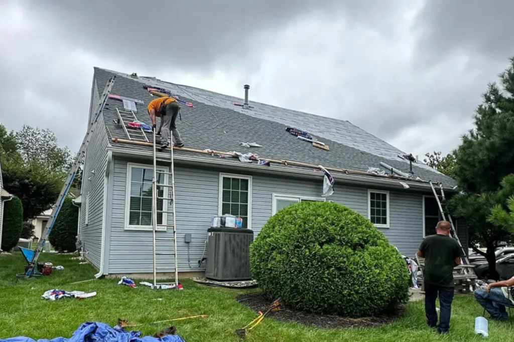 Professional roofers replacing old shingles during a home roof replacement project in Washington Township NJ, with ladders and materials spread across the roof and lawn.