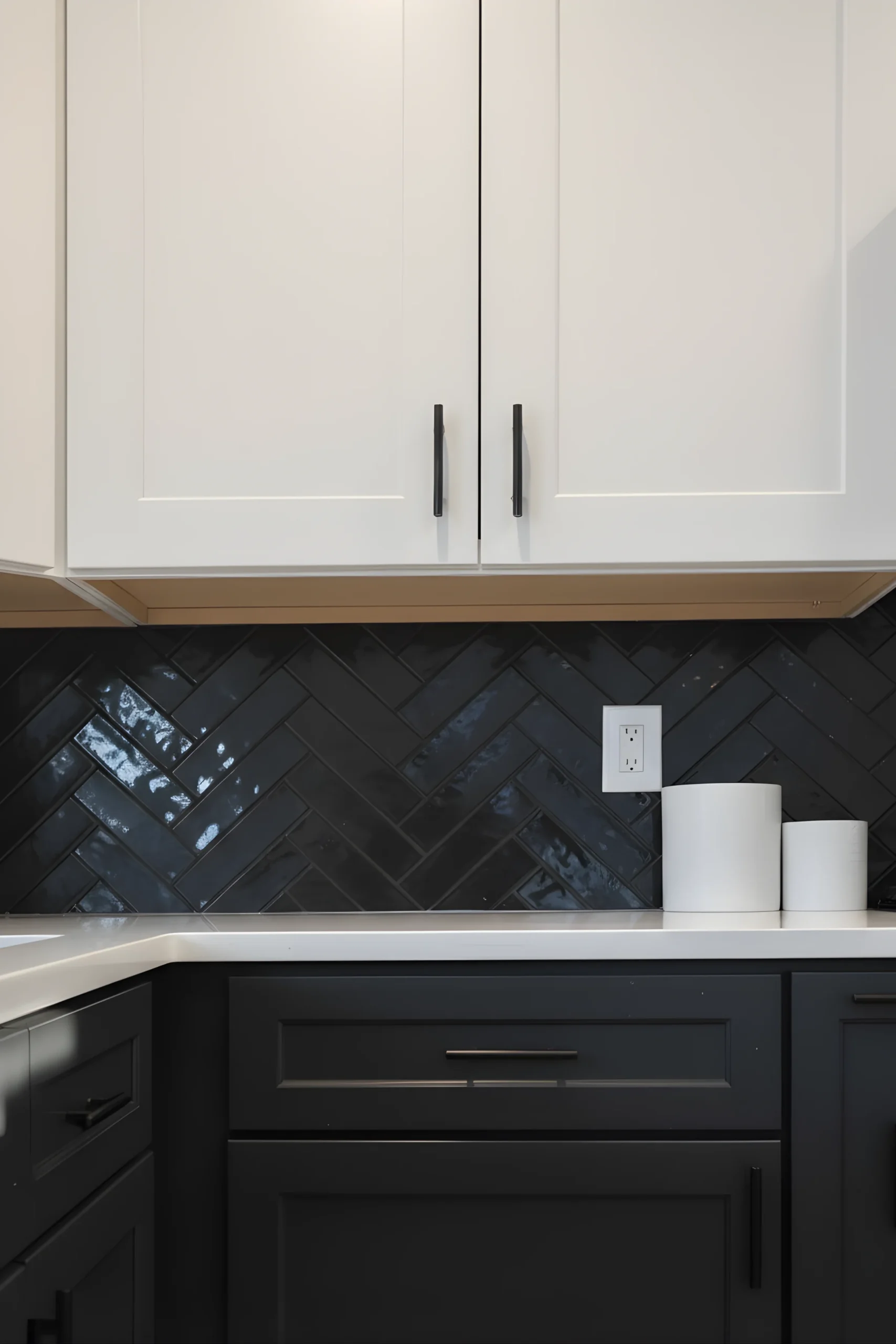 Modern tuxedo kitchen remodel in Turnersville, NJ, featuring white upper cabinets, black lower cabinets, and a glossy black herringbone tile backsplash.