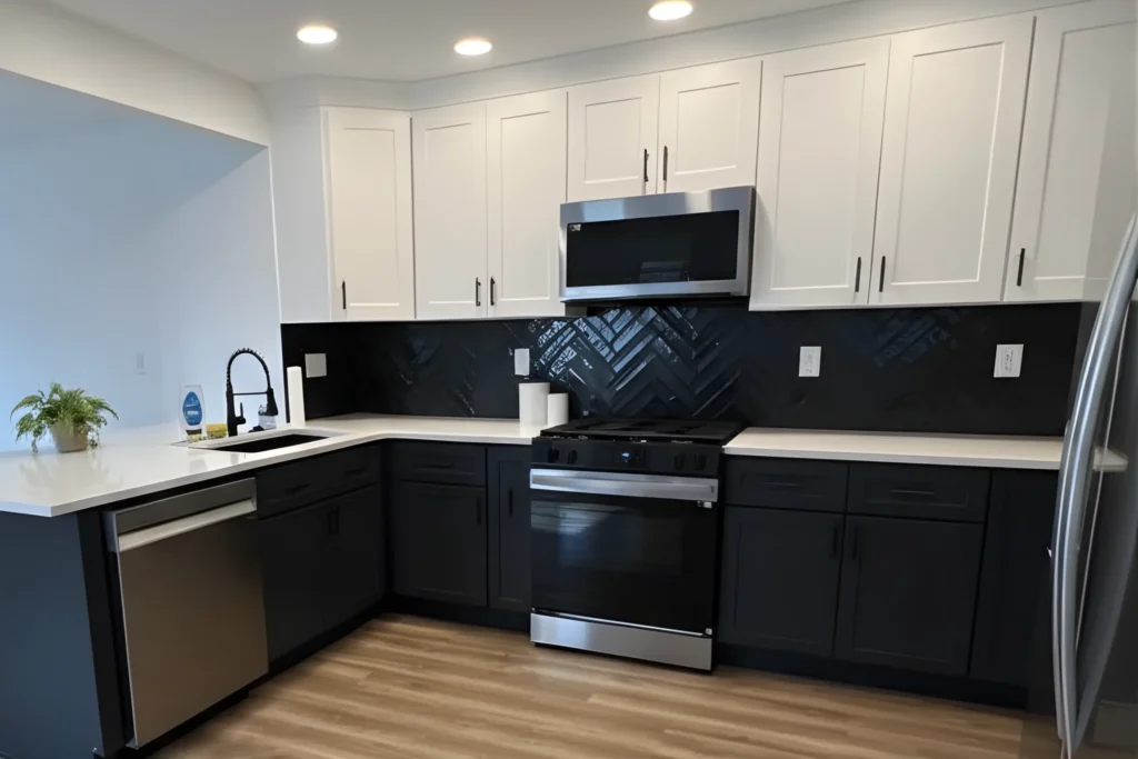Modern kitchen remodel in Turnersville, NJ featuring a high-contrast 'tuxedo' design with white upper shaker cabinets, matte black lower cabinets, a black herringbone tile backsplash, and white quartz countertops.