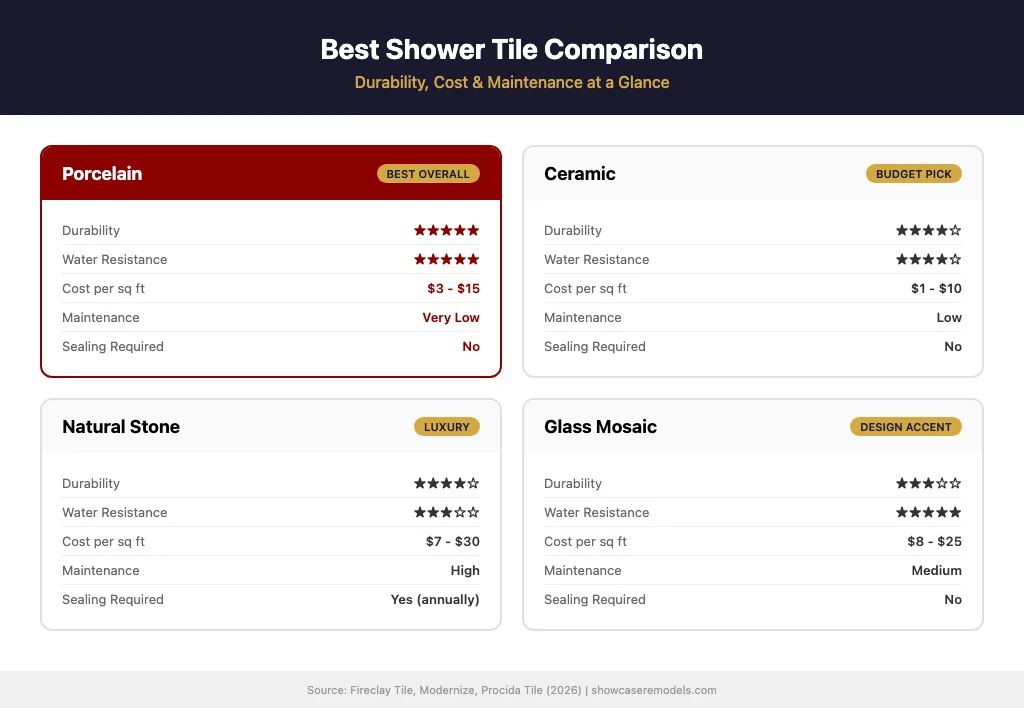 Shower tile comparison chart showing porcelain ceramic stone and glass options