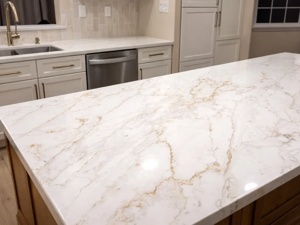 Marble countertop with gold veining on kitchen island in Somerton Philadelphia renovation