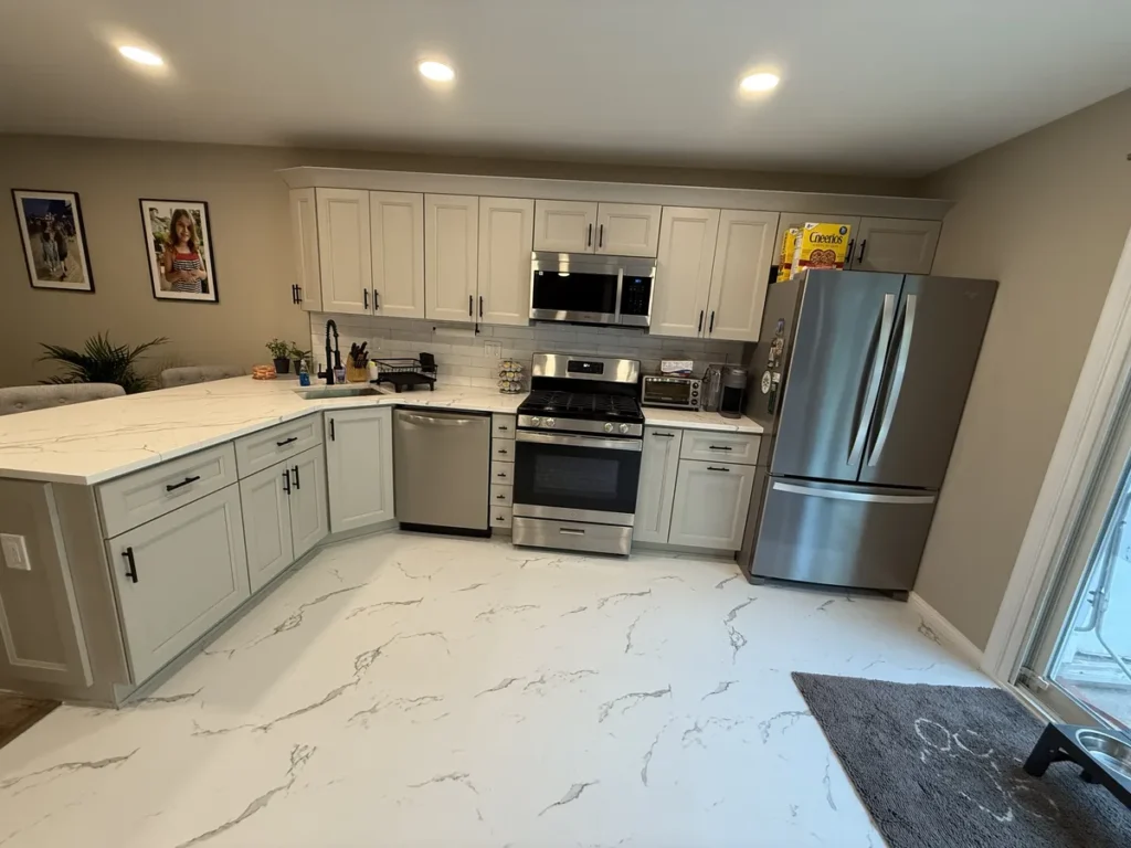Kitchen appliance wall with new cabinets and range