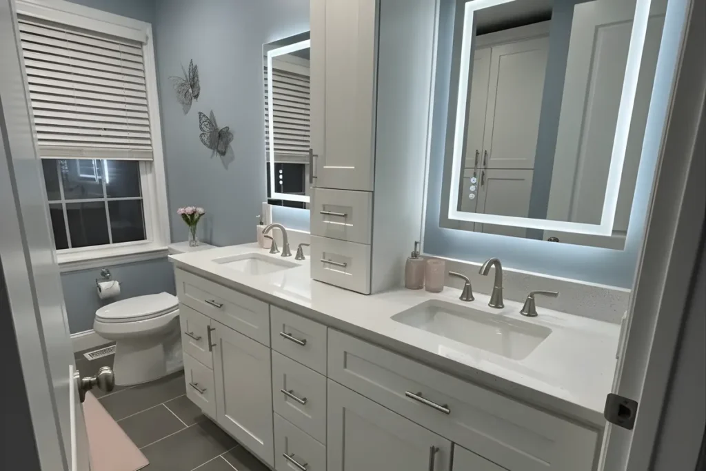 master bathroom remodel double vanity LED mirrors Philadelphia