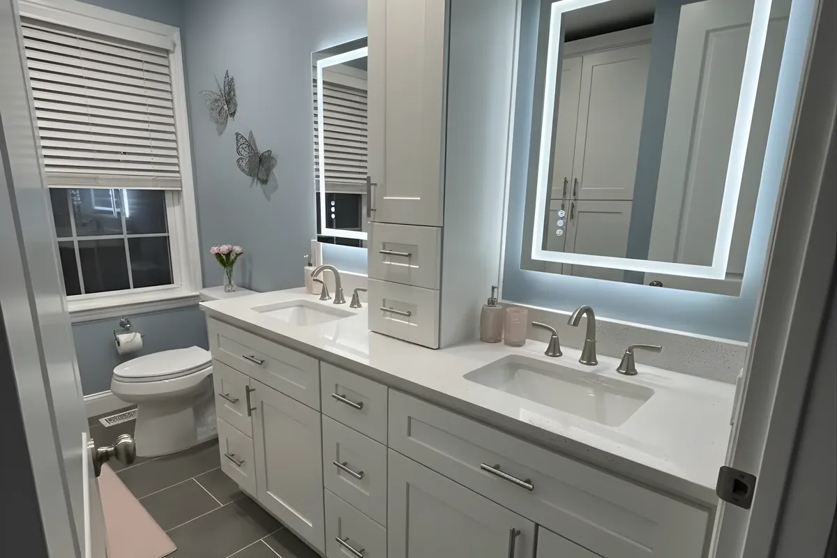 master bathroom remodel double vanity LED mirrors Philadelphia
