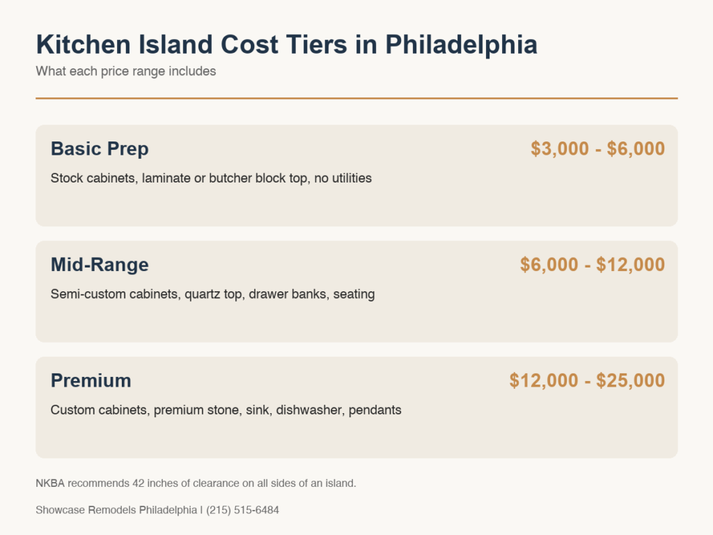 Infographic comparing basic, mid-range, and premium kitchen island costs