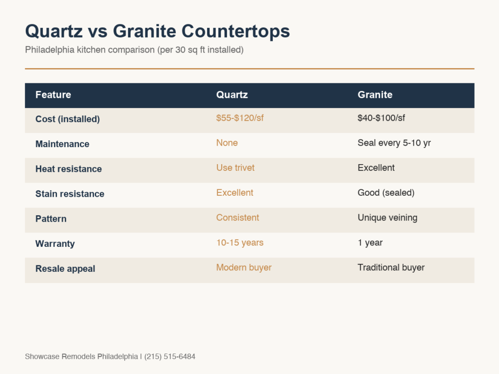 Infographic comparing quartz vs granite countertop costs, durability, and maintenance