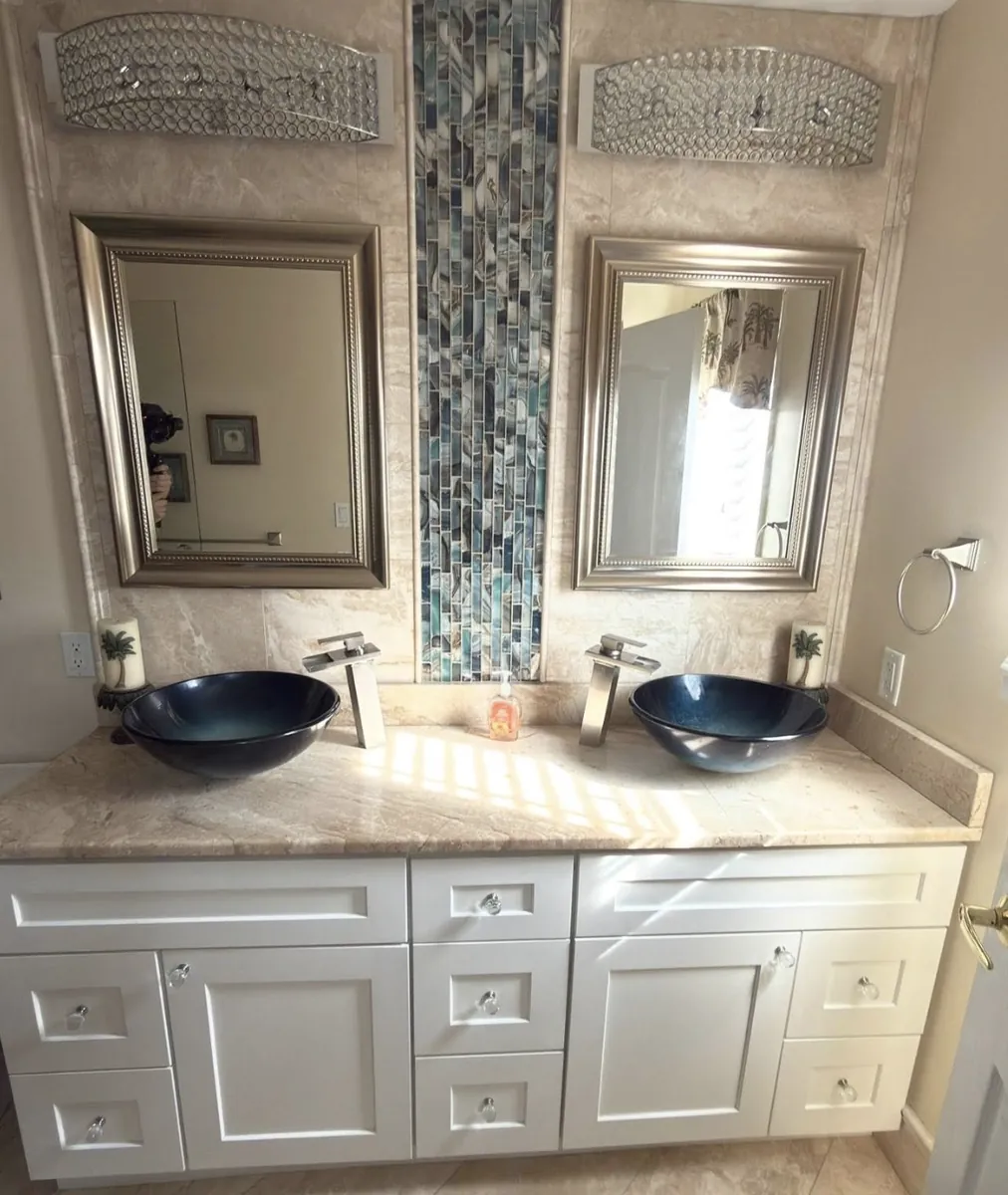 Master bathroom vanity with double vessel sinks and a vertical mosaic glass tile column in Bustleton, Philadelphia