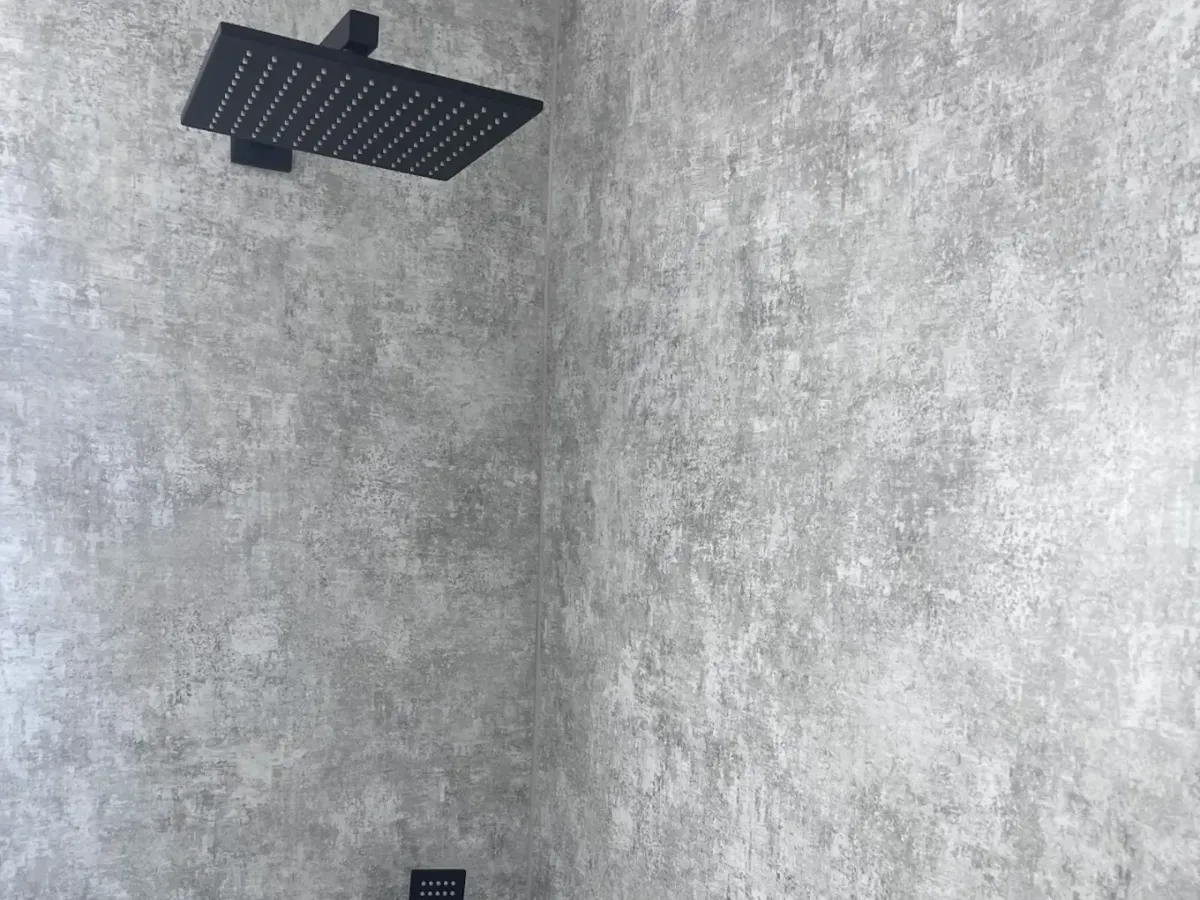 Walk-in shower Philadelphia built-in niche, grab bar, and matte black rain head fixture