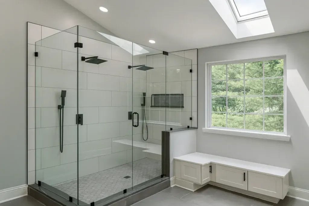 Walk-in shower with a built-in bench under a skylight in Hunting Park, Philadelphia
