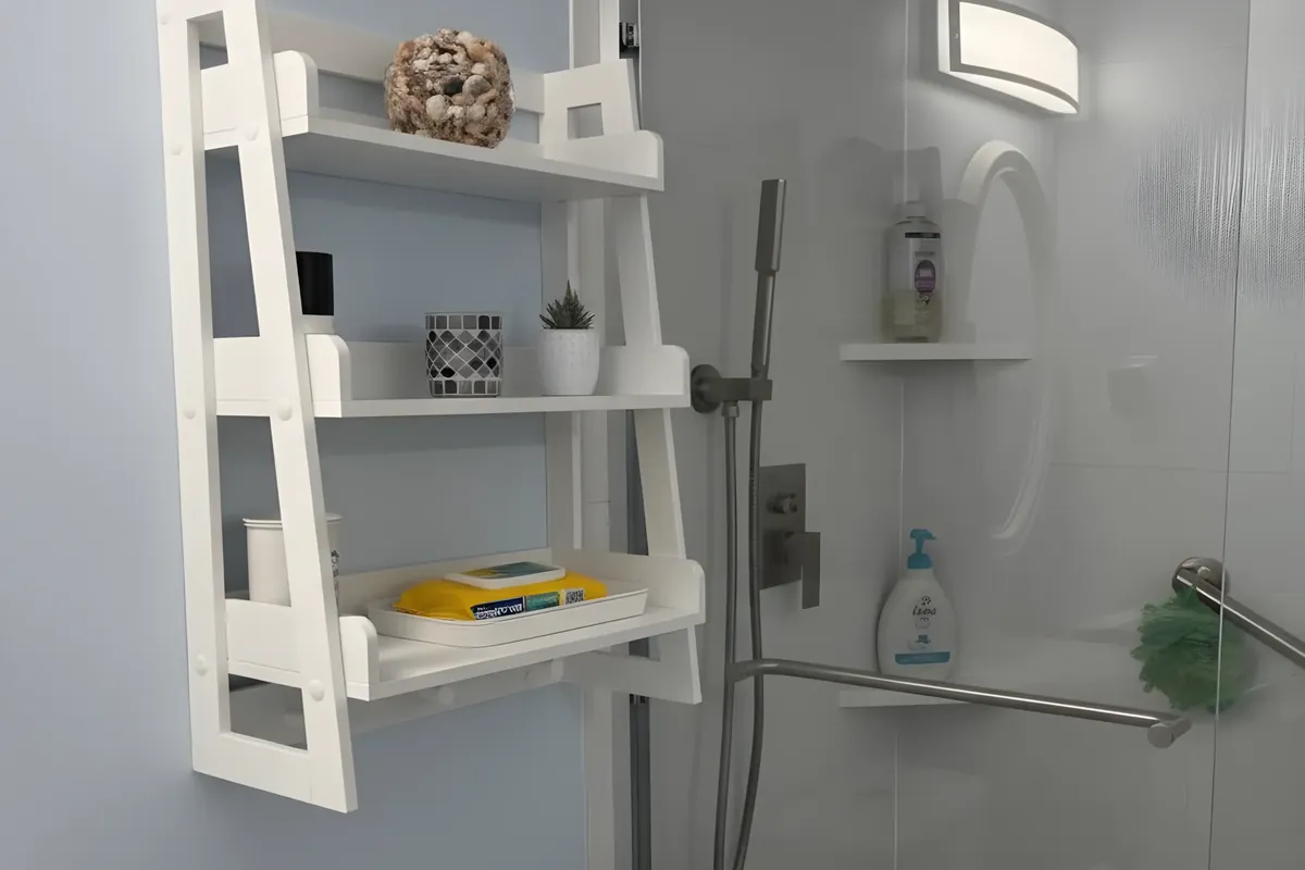 Walk-in shower with a hand shower and open shelving in Northern Liberties, Philadelphia