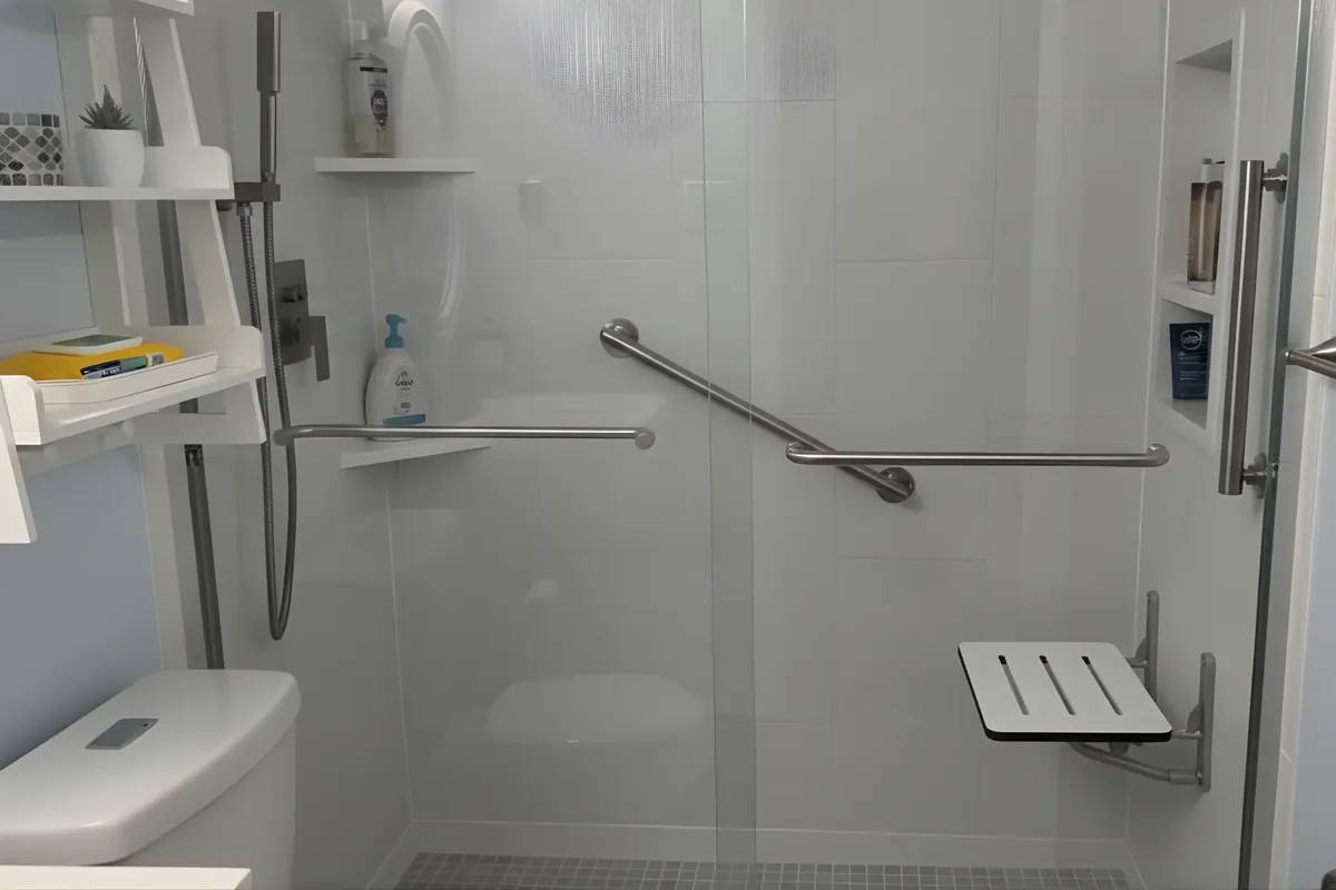 Walk-in shower with grab bars and a fold-down seat in West Kensington, Philadelphia
