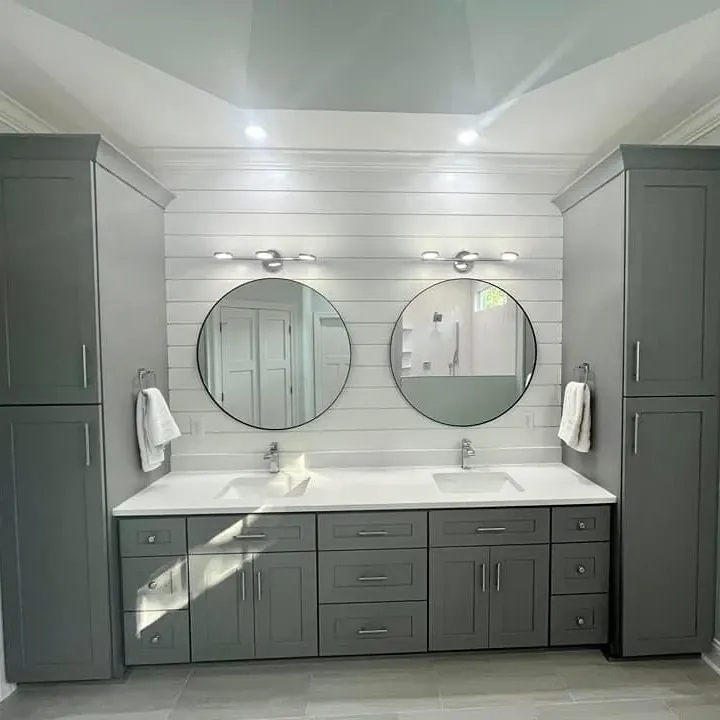 Gray double vanity with round mirrors against a white shiplap wall in West Oak Lane, Philadelphia