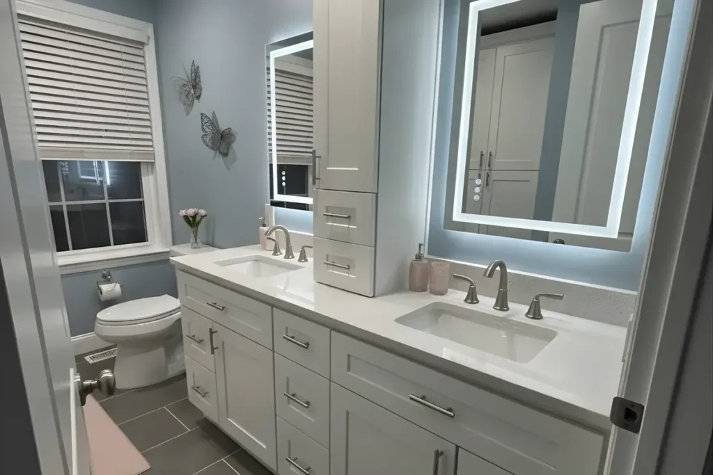 Single-sink bathroom vanity sized for a standard hall bath, with a lighted mirror and quartz top