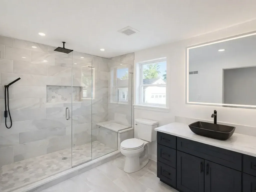 Bathroom with marble-look tile flooring, a dark vanity with a vessel sink and a frameless glass shower
