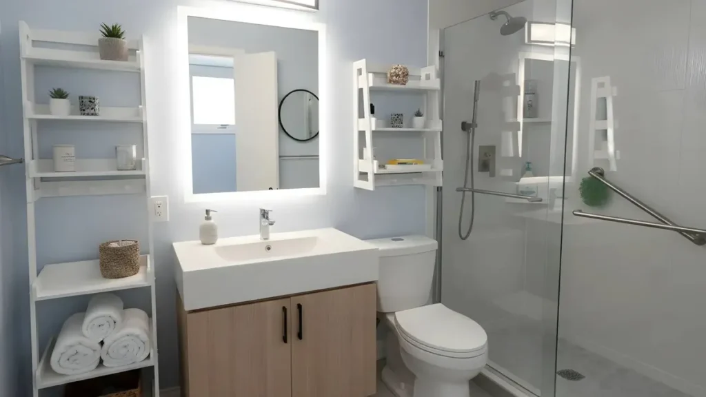 Small bathroom remodel with a light wood vanity, lighted mirror, glass shower and open shelving