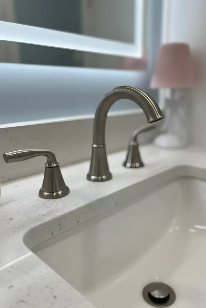 New brushed nickel bathroom faucet installed over an undermount sink with a white stone top in Philadelphia