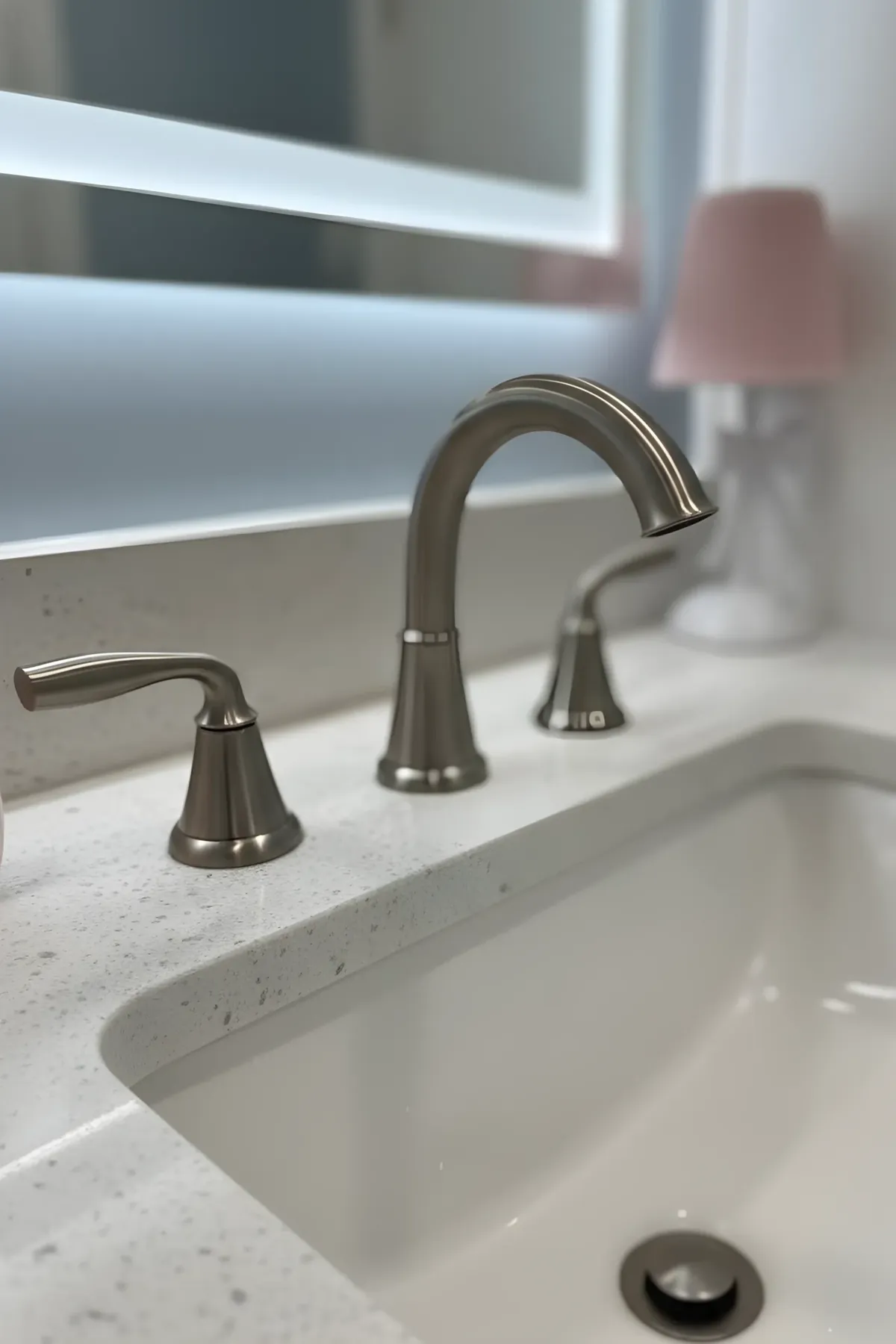 New brushed nickel bathroom faucet installed over an undermount sink with a white stone top in Philadelphia