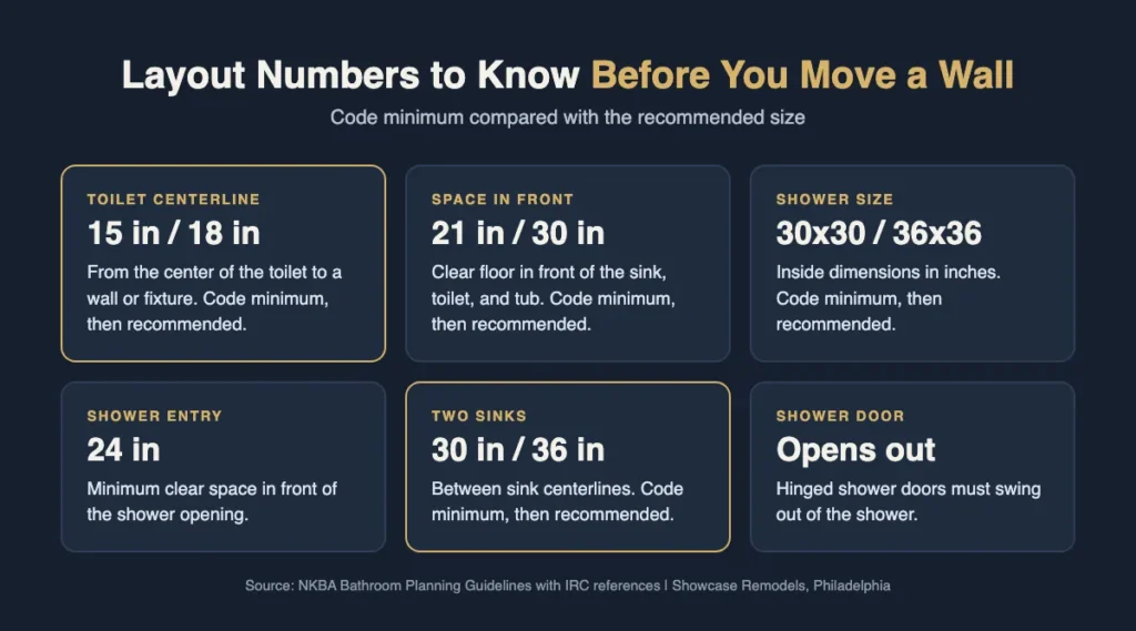 Infographic of bathroom layout clearances for toilets, showers, and sinks used when reconfiguring a Philadelphia bathroom