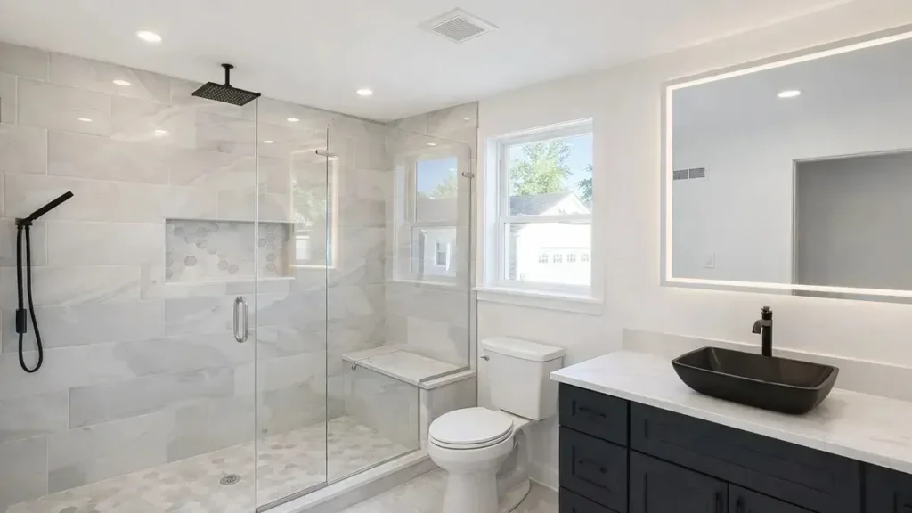Remodeled bathroom with a marble-look glass shower, bench and a vessel sink on a navy vanity