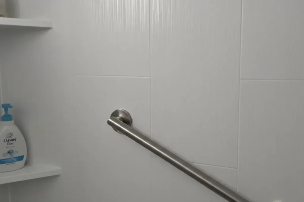 Brushed nickel grab bar installed on new white shower wall tile during a bathroom renovation