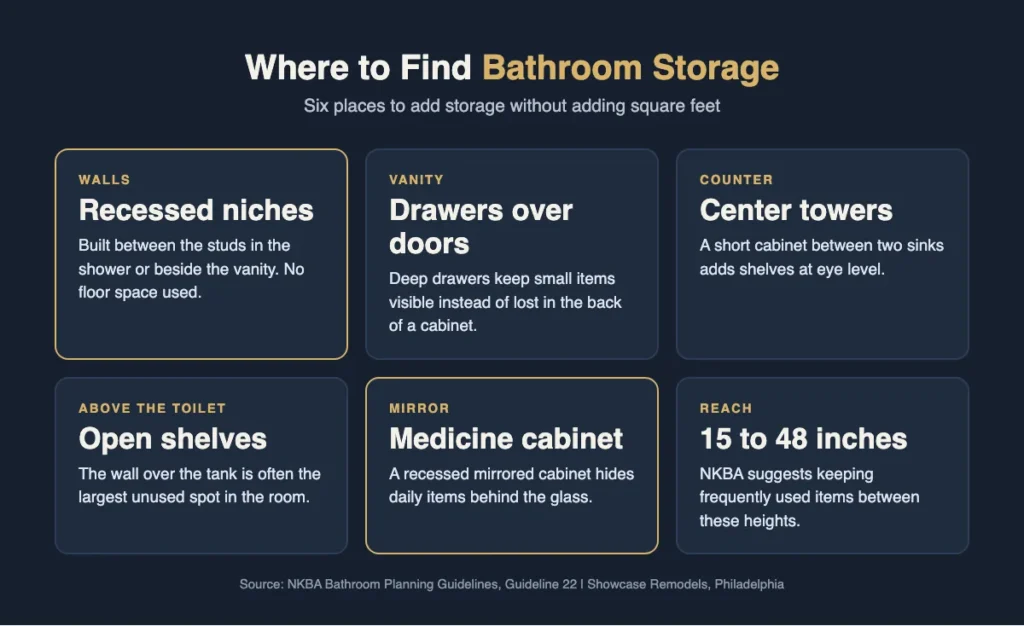 Infographic of six places to add bathroom storage in a Philadelphia home without adding square feet