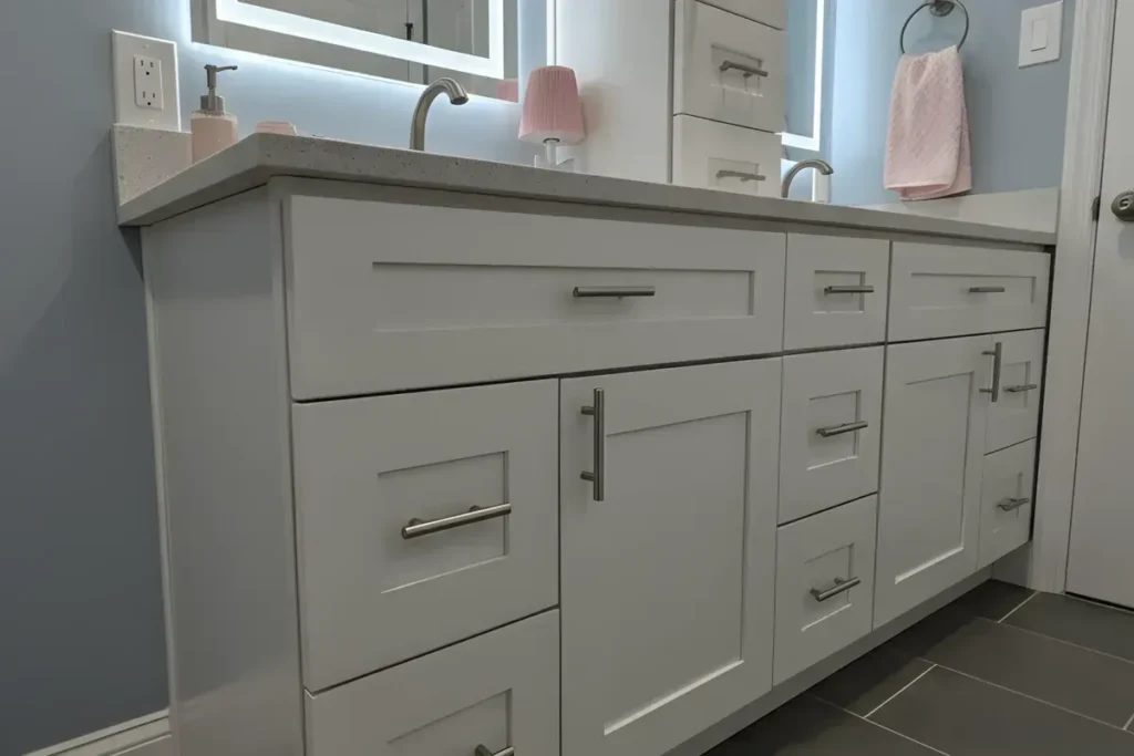 White shaker style vanity with deep drawers and cabinet doors for bathroom storage