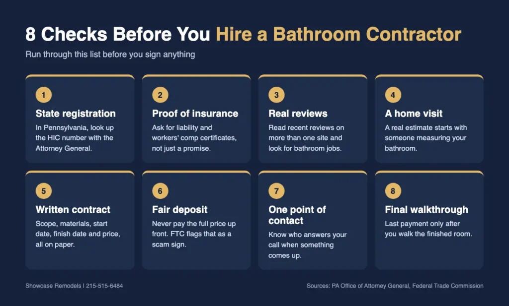 Infographic listing eight checks to make before hiring a bathroom remodeling contractor