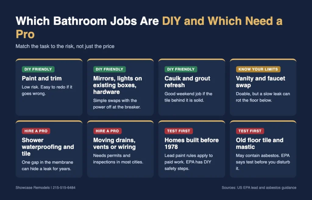 Infographic sorting bathroom remodel tasks into DIY friendly jobs and jobs that need a licensed pro