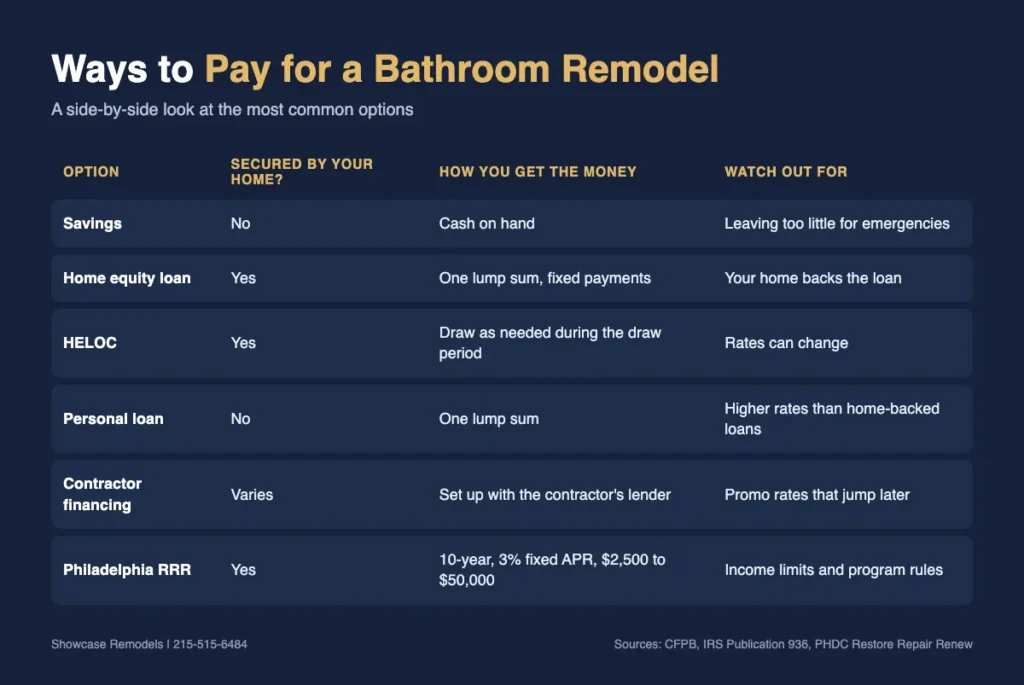 Infographic comparing savings, home equity loans, HELOCs, personal loans and the Philadelphia RRR loan for a bathroom remodel