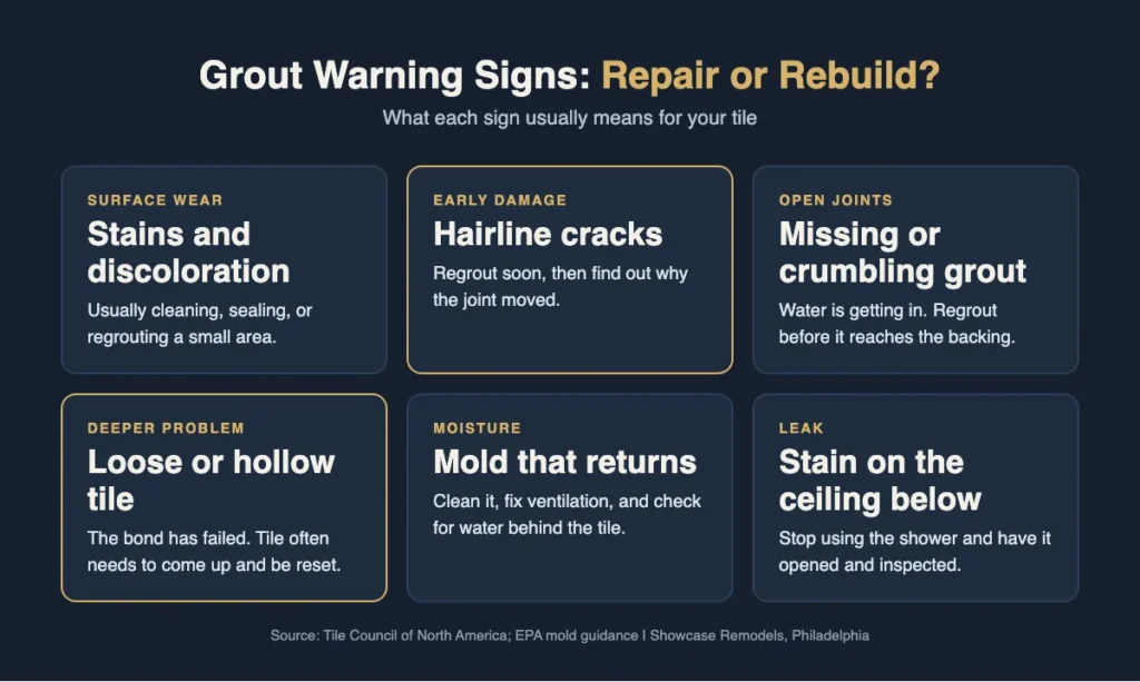 Infographic of bathroom grout warning signs and whether each one needs repair or new tile in Philadelphia