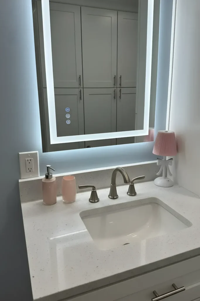 Lighted LED bathroom mirror above a white quartz vanity with a brushed nickel faucet in a small bathroom