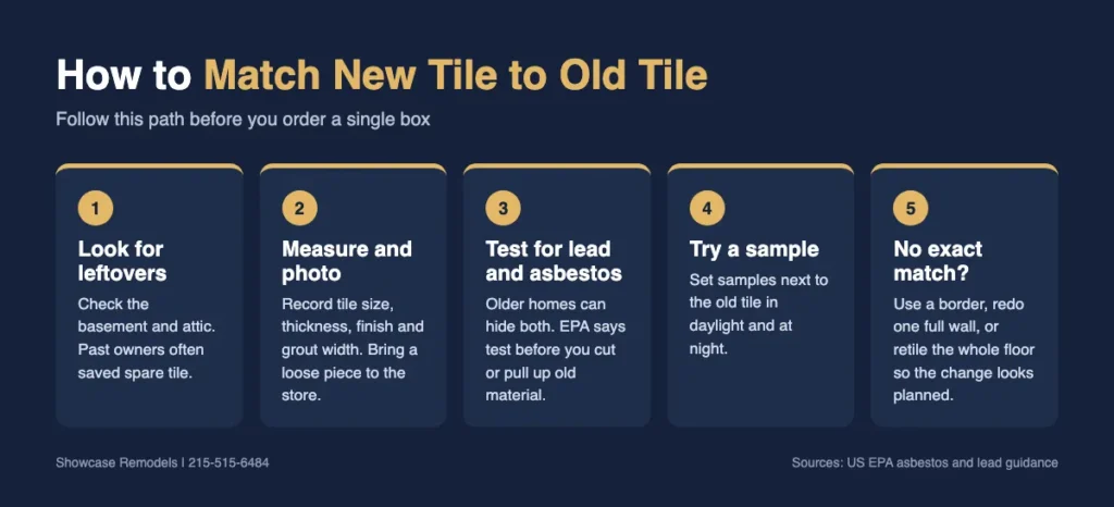 Infographic showing five steps to match new tile to old tile in an older home