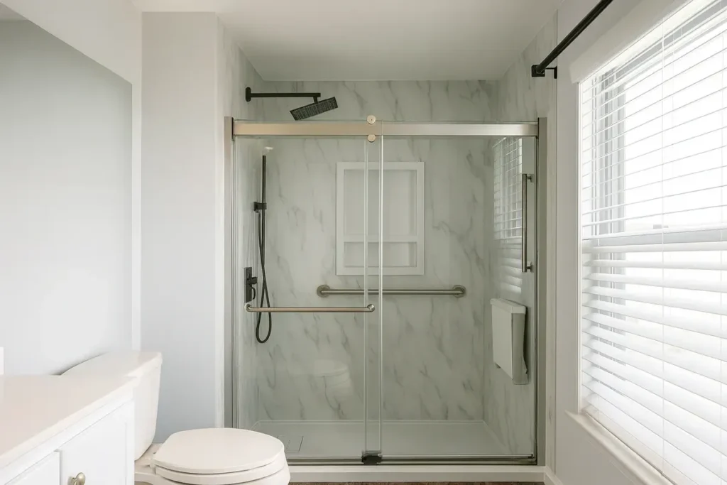 Partial bathroom remodel with new marble look shower wall panels, a sliding glass door, and a grab bar by a window