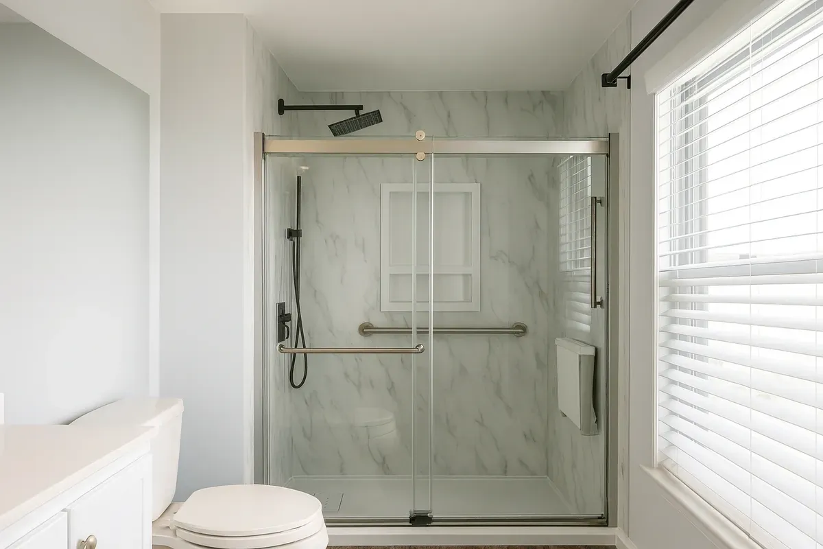 Partial bathroom remodel with new marble look shower wall panels, a sliding glass door, and a grab bar by a window