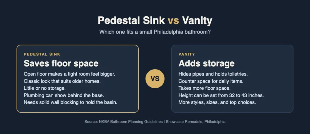 Infographic comparing a pedestal sink and a vanity on space, storage, plumbing, and height for small bathrooms