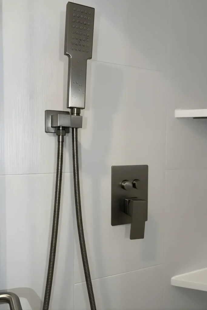 Brushed nickel shower valve trim and handheld shower wand on white wall panels in a remodeled bathroom