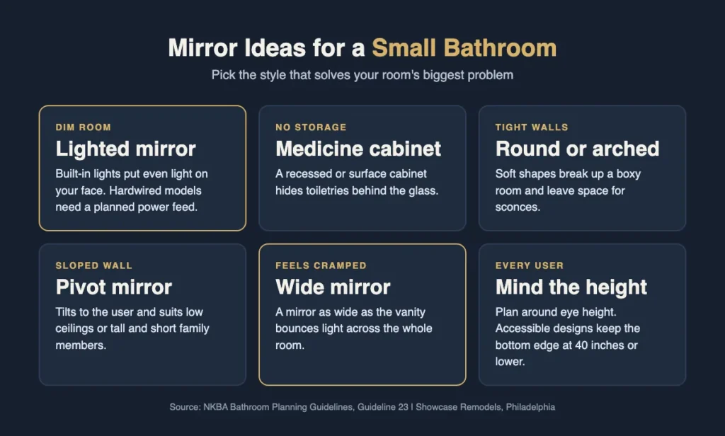 Infographic of six mirror ideas for small Philadelphia bathrooms with height and lighting tips