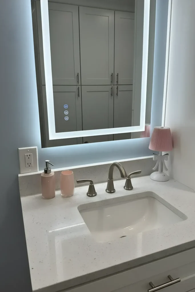 Backlit LED mirror over a white single vanity with a brushed nickel faucet