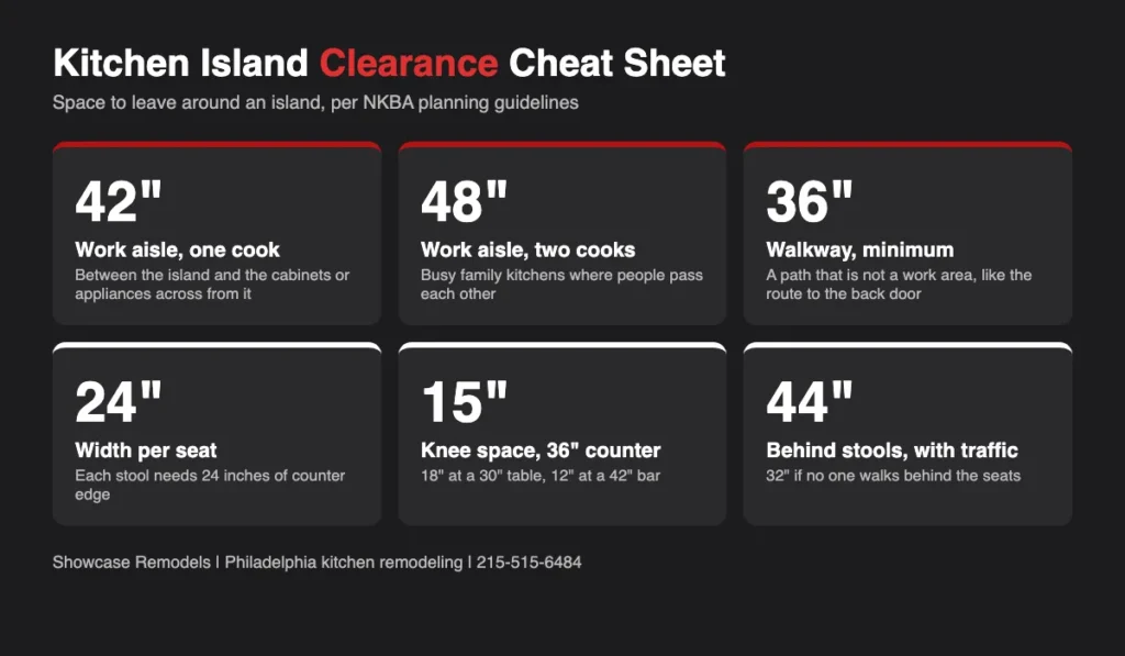 Chart of kitchen island aisle, walkway, and seating clearances in inches