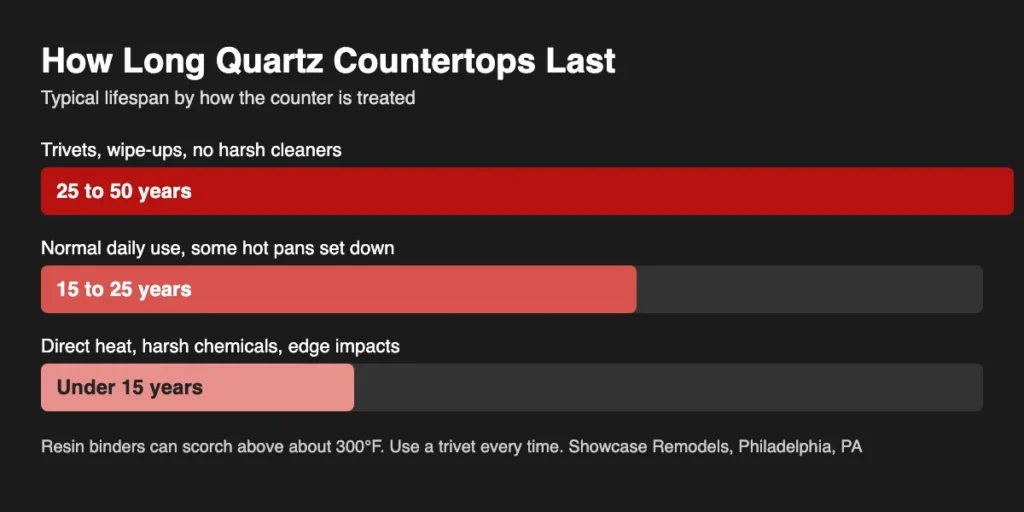 Chart of quartz countertop lifespan by care level in Philadelphia kitchens